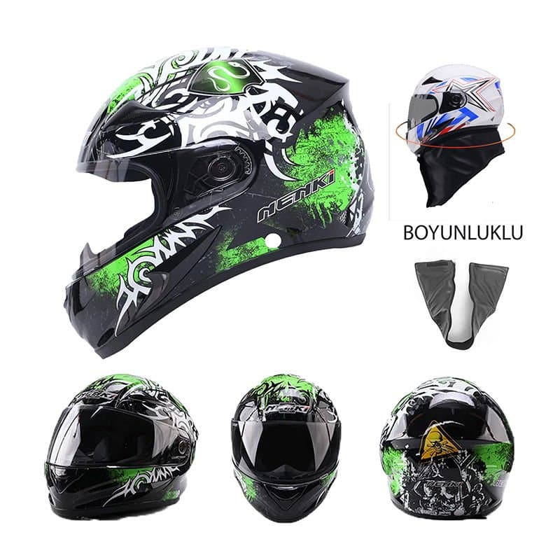 Nenki Full Face Boğazlı Kask Şeffaf Vizör Model 13 aksesuar